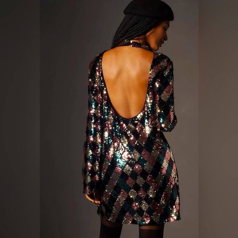 Maeve Long-Sleeve Mock-Neck Sequin Mini Dress - Picture 2 of 14